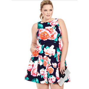 Eliza J Women 8 Dress Scuba Knee Length Sleeveless Blooming Rose Print Blue